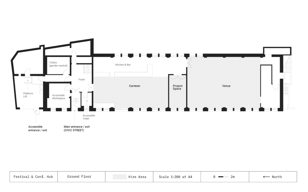 A floor plan of the ground floor of Civic House. The scale is 1:200 and North is marked at the left hand side of the plan. Rooms included are venue, project space, canteen, kitchen and bar, gender neutral toilets, accessible workspace, accessible toilet, platform lift, and accessible entrance/exit.