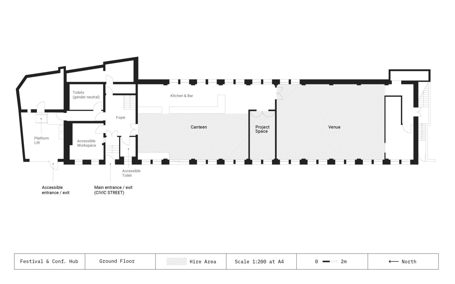 A floor plan of the ground floor of Civic House. The scale is 1:200 and North is marked at the left hand side of the plan. Rooms included are venue, project space, canteen, kitchen and bar, gender neutral toilets, accessible workspace, accessible toilet, platform lift, and accessible entrance/exit.