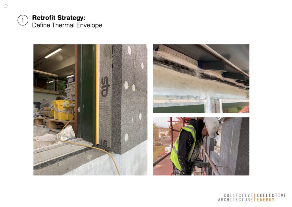 Photo collage of step one of the retrofit strategy: defining the thermal envelope. The photos show the internal structure of the walls. There is wood, metal, concrete, stone, and insulation. One photo shows a builder in high vis drilling into the concrete of the wall.