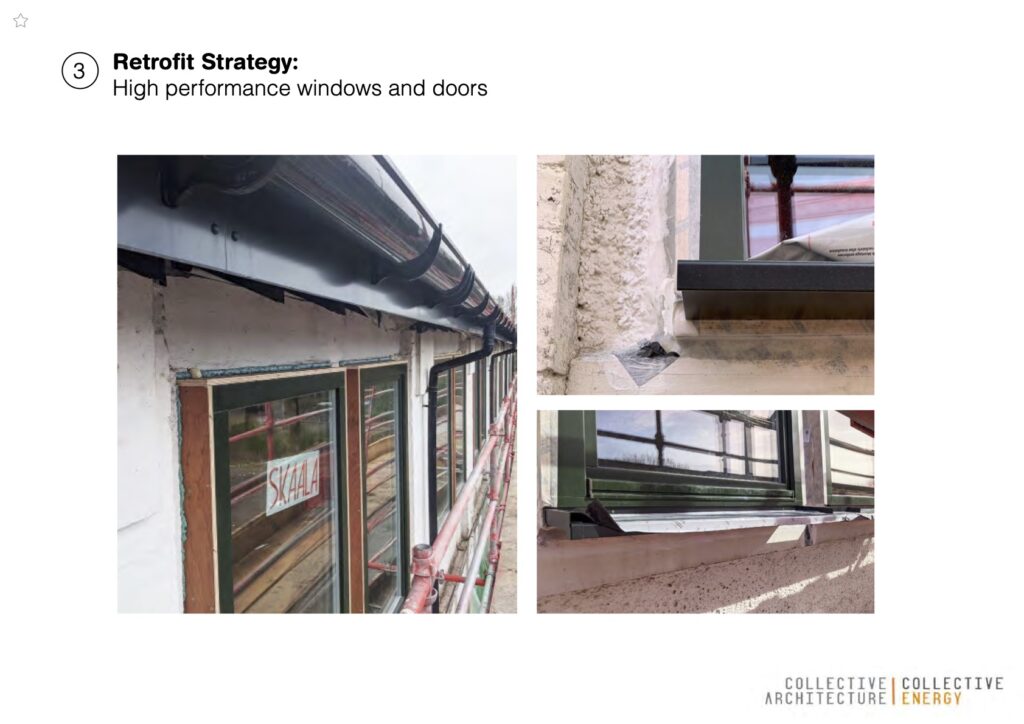 Photo collage showing the third step in the retrofit strategy: installing high performance windows and doors. Three pictures show the sealed installation of triple glazed windows and doors.