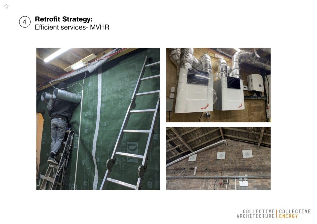 Photo collage showing the fourth step in the retrofit strategy: providing efficient services such as MVHR. Three photos show the installation of internal ventilation with pumps, fans, and ducts to control the airflow and temperature of the building.