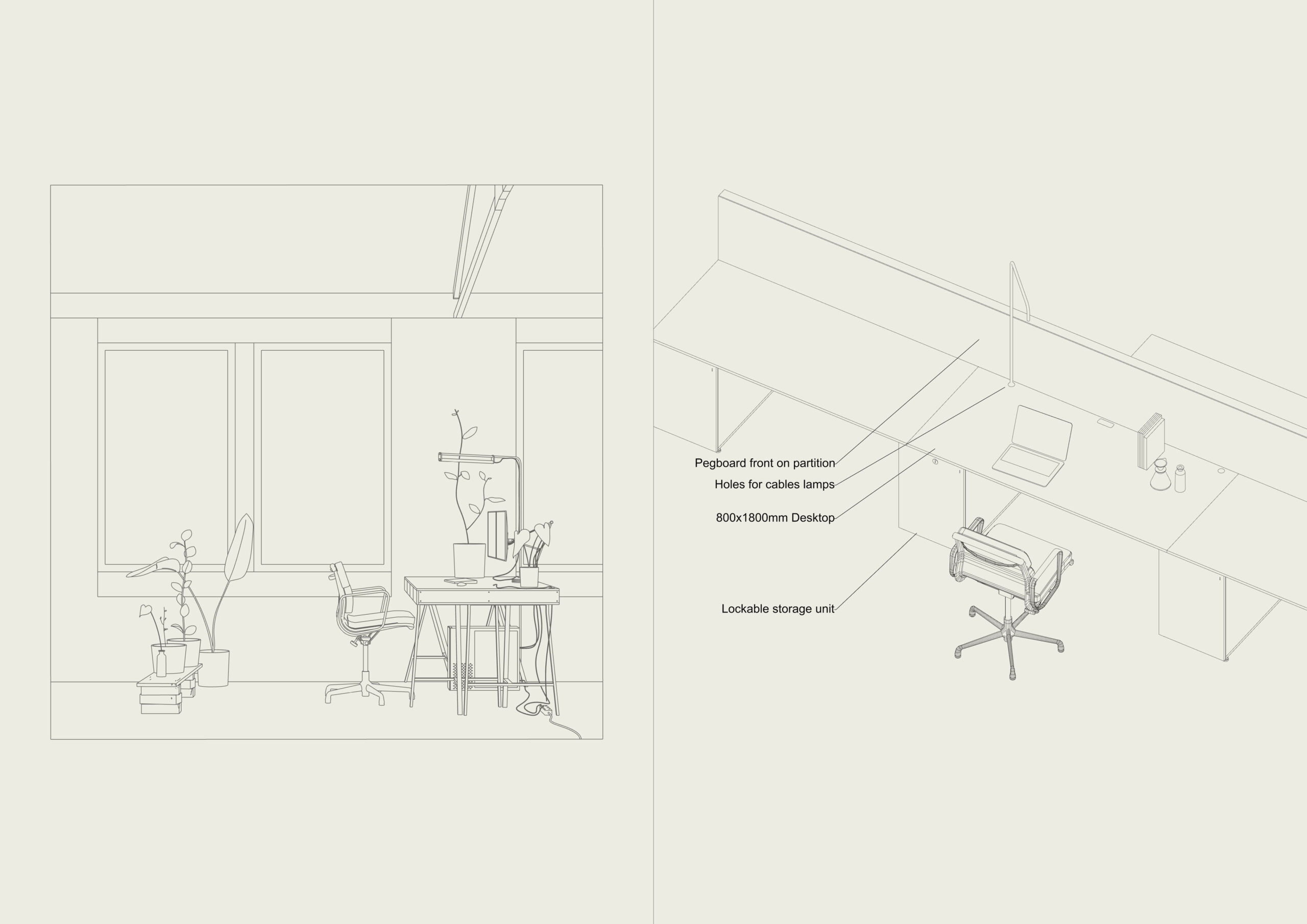 An illustration of the coworking space desk concepts. It is is split in two depicting an ergonomic office chair at a trestle table with a monitor and plants sent up on the left. On the right is an isometric view of the fixed desk area with an ergonomic office chair, a pegboard front on partition, holes for cables and lamps, an 800 by 1800 millimetre desktop, and a lockable storage unit.