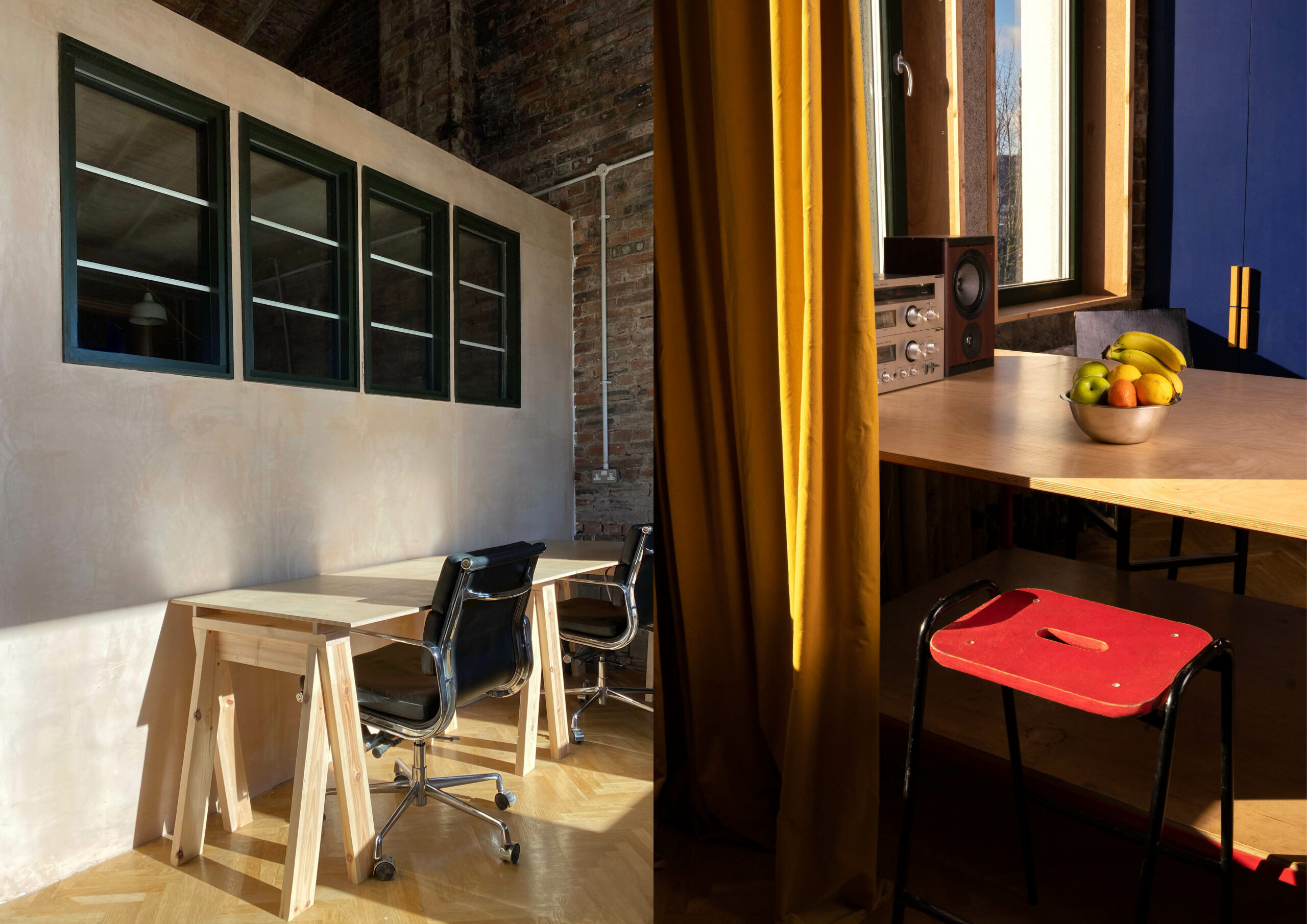 A split image with fixed desks on the left as can be found at the serviced office in Glasgow and the communal kitchen on the right. The image on the left shows two custom made desks with ergonomic office chairs placed against the internal office in the fixed desk coworking space. On the right is a tall bar stool placed at a kitchen island where there is a bowl of fruit and a soundsystem. Light comes in from tall windows on the left.