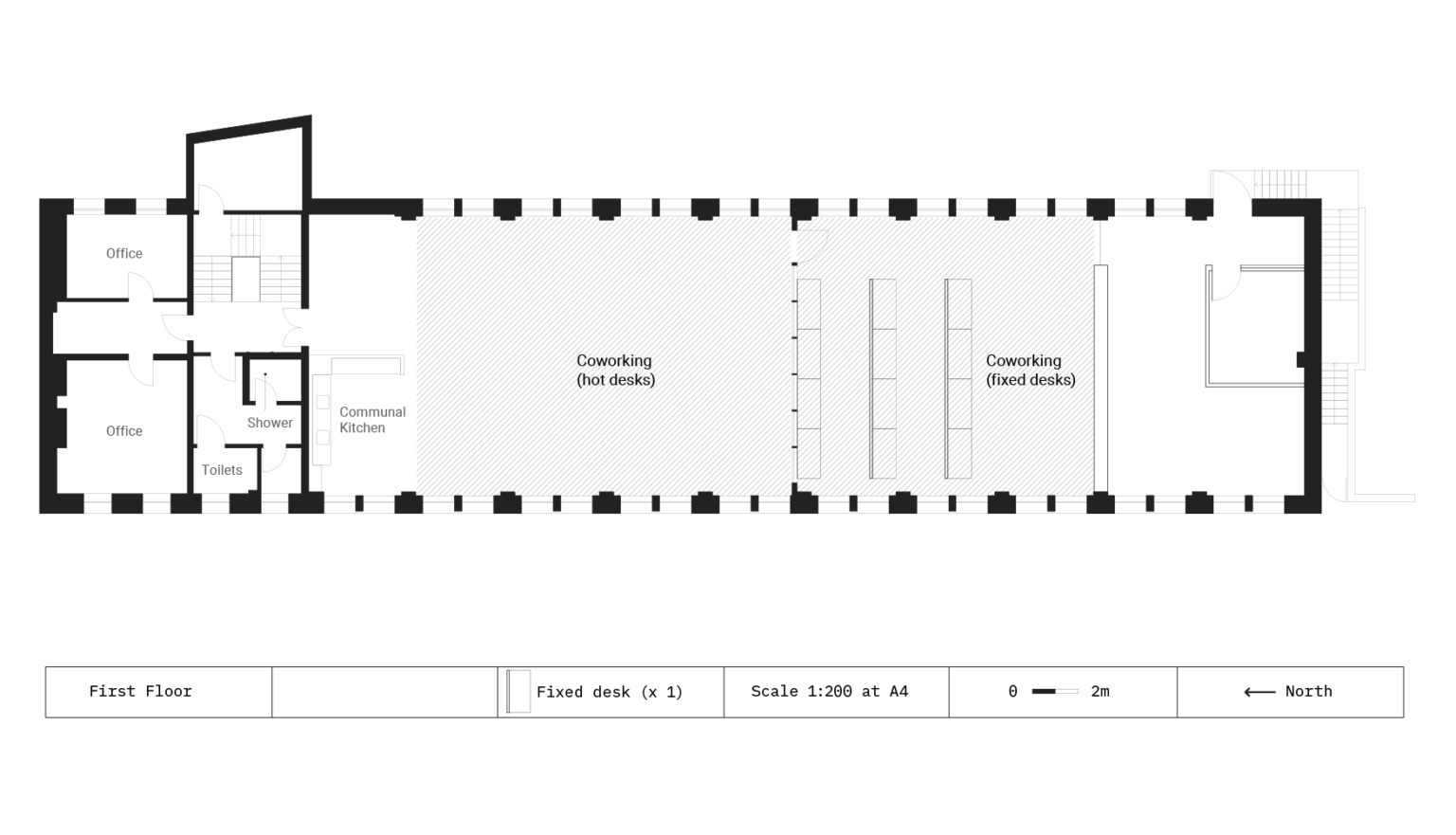 Floor plan of the first floor at Civic House. The plan includes two offices, a shower, two toilets, a communal kitchen, a space for coworking (hot desks) and a space for coworking (fixed desks) reading left to right. On the far right is the Serviced Office in Glasgow.